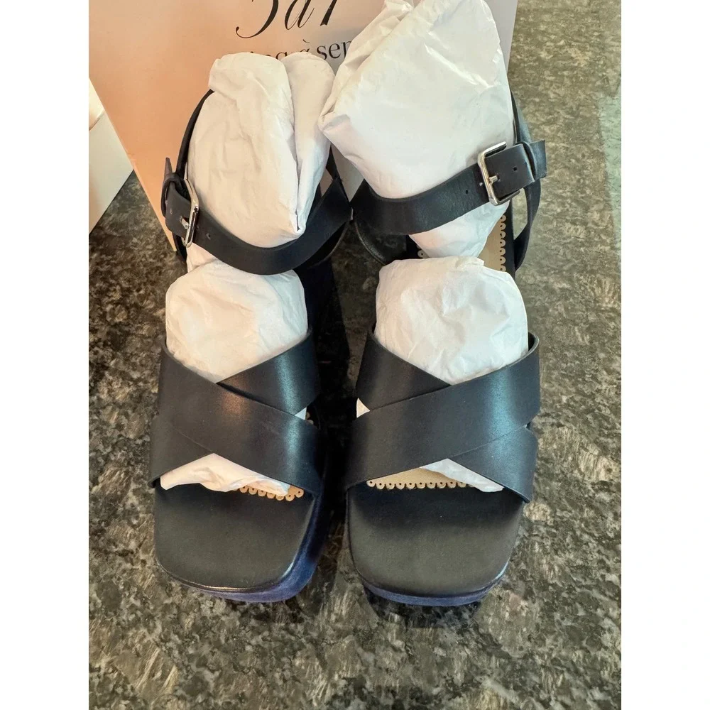Cinq‎ a Sept Sasha Vachetta Wedge Sandal Navy Blue Leather Platform Size 38 US 8